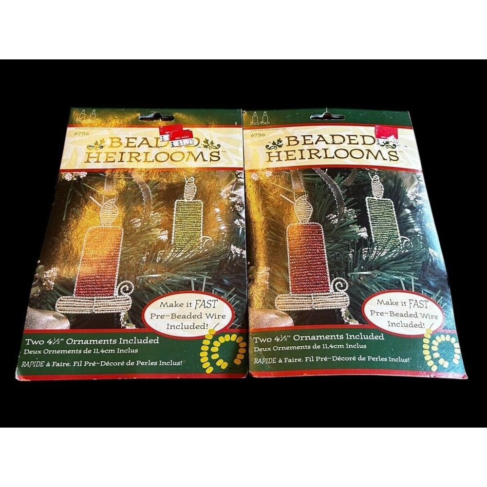 Vtg 1997 Fibre Craft Christmas Ornament Kit Beaded Heirloom Candles Set Of 2 NOS